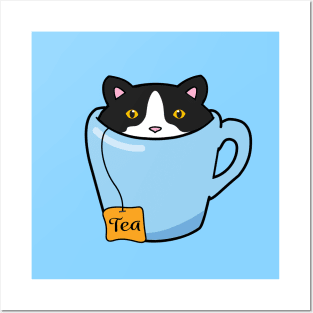 Cute tuxedo cat sitting in a cup of tea Posters and Art